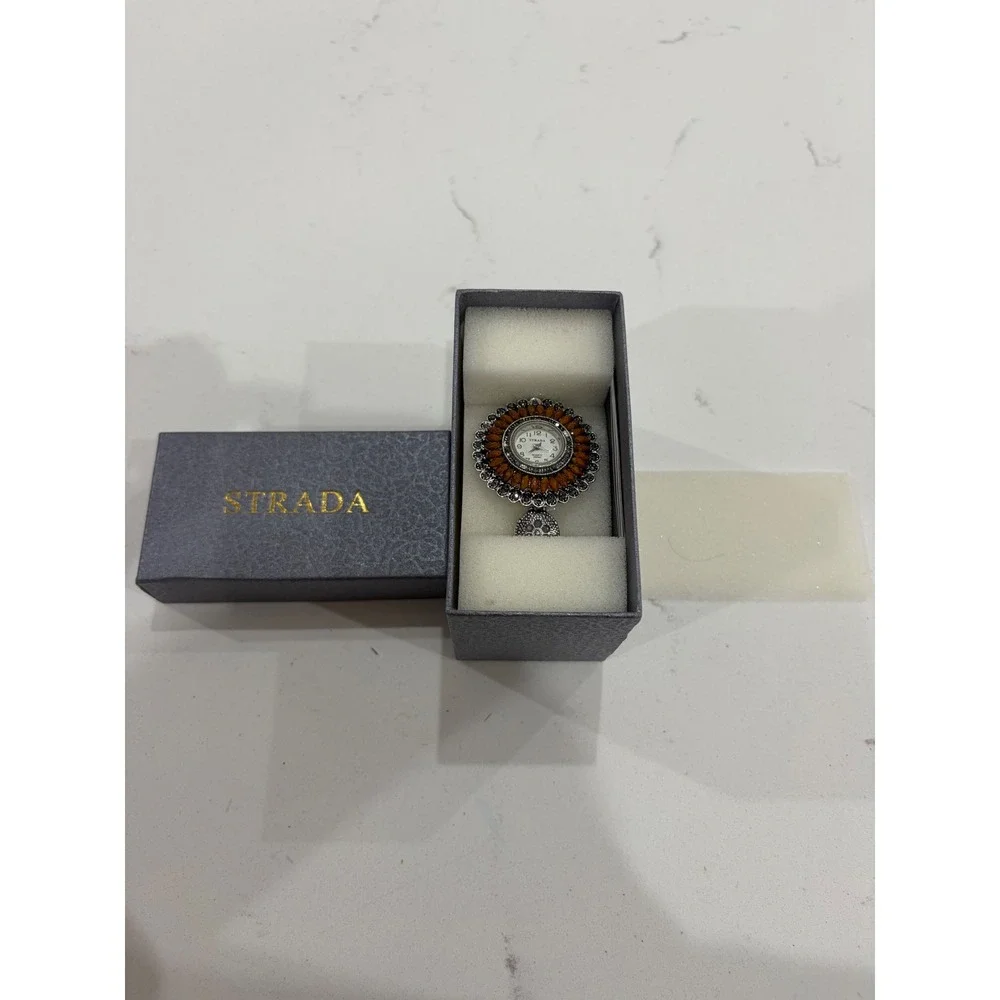 Strada Women Silver Tone Amber Stone Sunflower Ring Watch Quartz Japan Movt New
